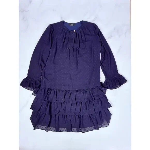 Kate Spade Breezy Dot Flounce Dress Navy Tiered Swiss Dot Ruffle Mini Small - Picture 12 of 14